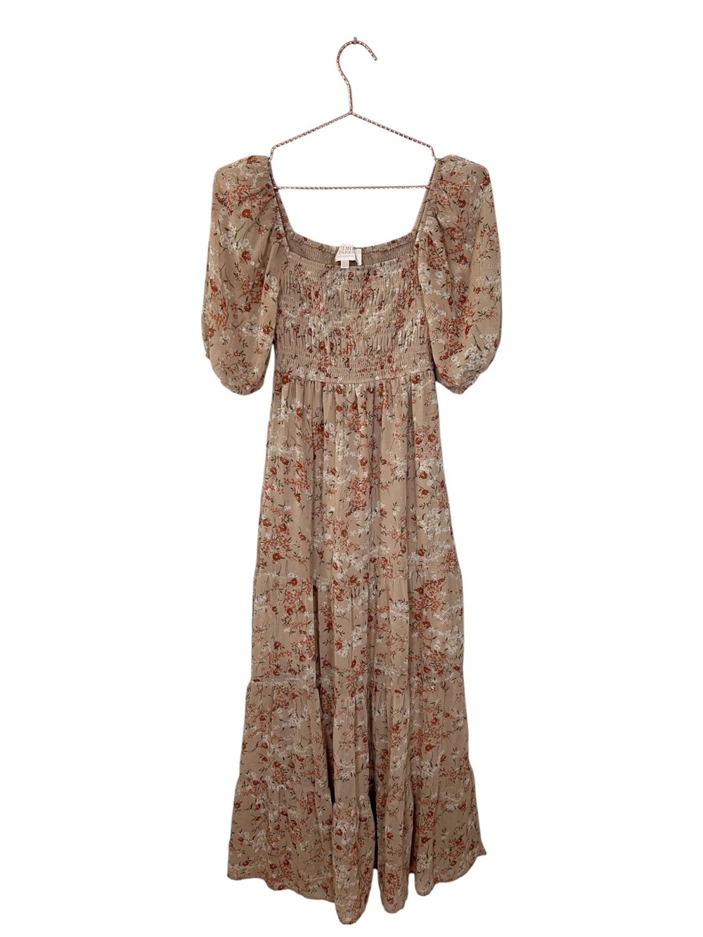 Audrey Parks Smocked Square-Neck Maxi Dress in Taupe Floral